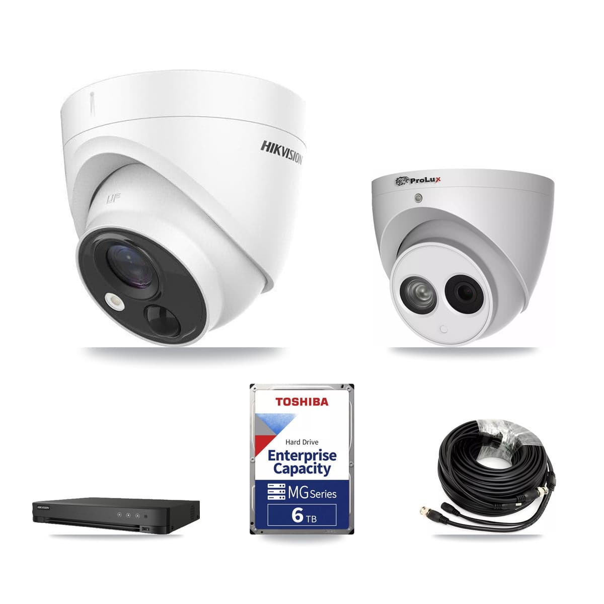 Hikvision & Prolux 8-Channel 4MP – 5MP CCTV Kit — 4 DS-2CE71H0T-PIRLO 5MP + 1 PXC-612C4W-A-POC 4MP Turret Cameras + 6TB Recording (IDS-7208HUHI-M1/E Recorder) - Image 1