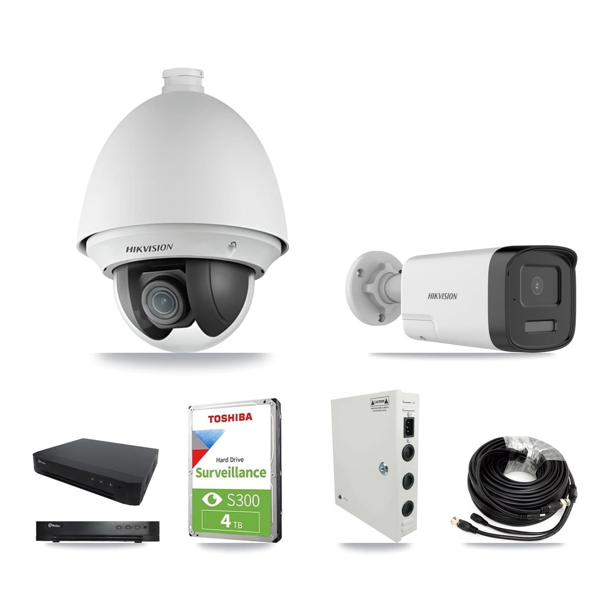 Hikvision & Prolux 16-Channel 2MP – 5MP CCTV Kit — 2 DS-2AE4225T 2MP PTZ + 2 DS-2CE17K0T 5MP Bullet Cameras + 4TB Recording - Image 1