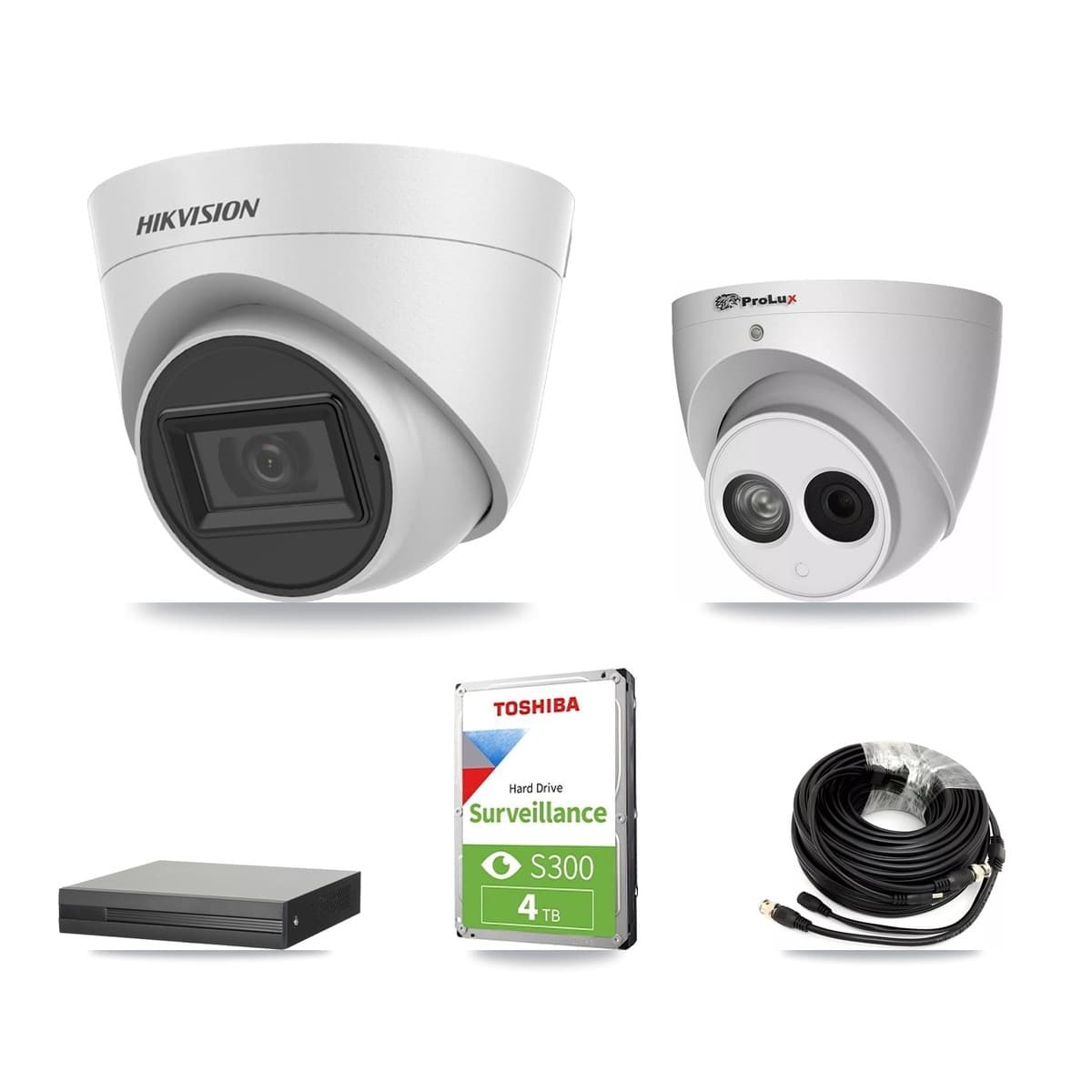 Hikvision & Prolux 4-Channel 4MP – 5MP CCTV Kit — 2 White 5MP + 1 4MP Turret Cameras + 4TB Recording (XVR-3104HS Recorder)