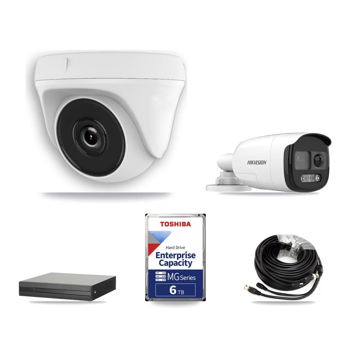 Hikvision 8-Channel 2MP – 5MP CCTV Kit — 1 DS-2CE12KF3T 5MP Bullet + 7 White HDT-2MP-N20W 2MP Dome Cameras + 6TB Recording (XVR-3108HS Recorder)