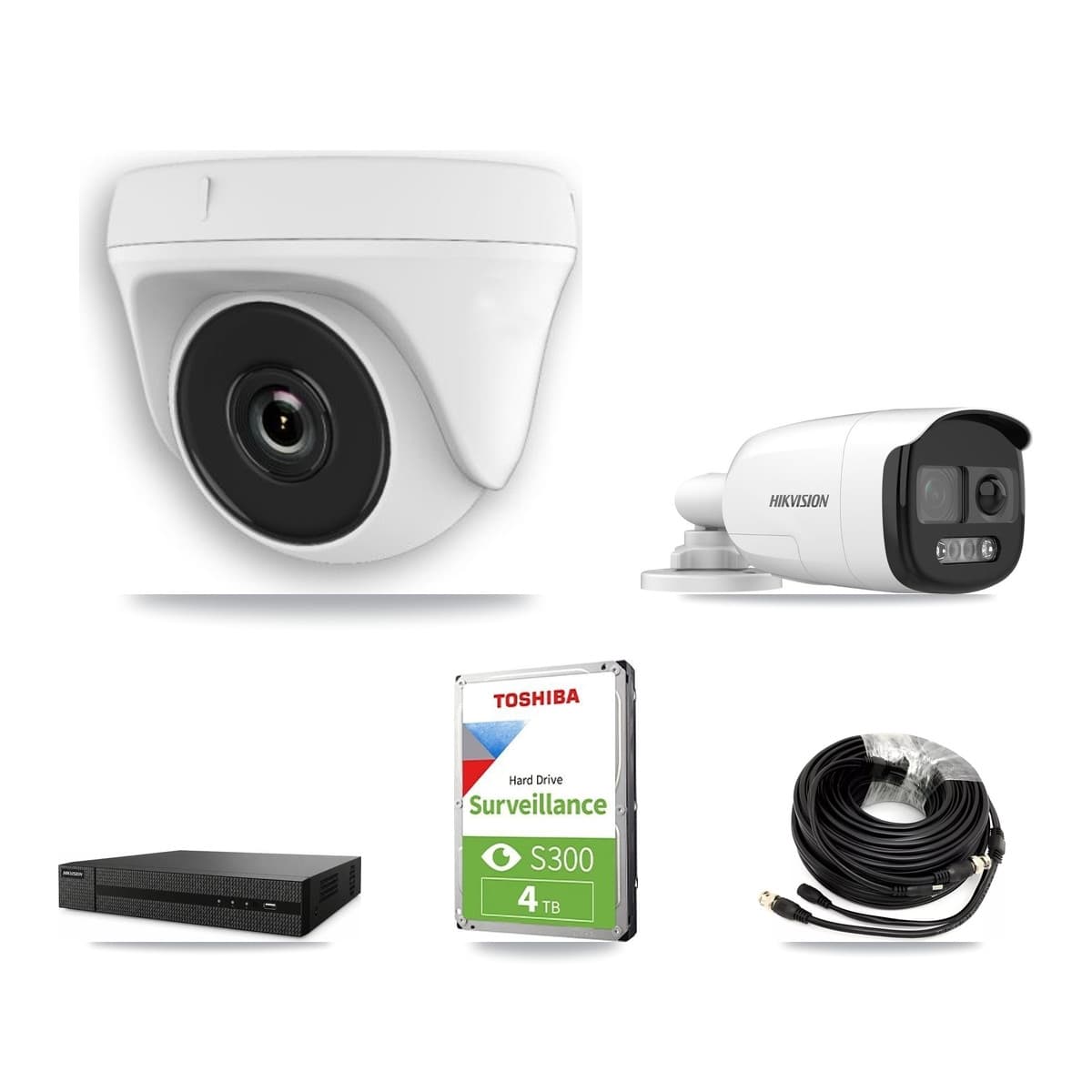 Hikvision 8-Channel 2MP – 5MP CCTV Kit — 1 DS-2CE12KF3T 5MP Bullet + 7 White HDT-2MP-N20W 2MP Dome Cameras + 4TB Recording