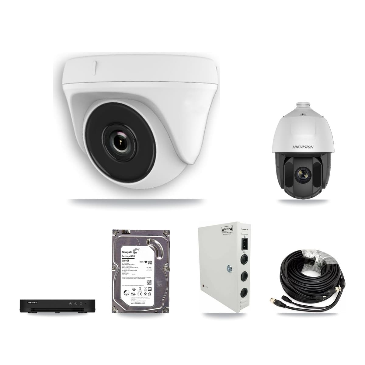 Hikvision 8-Channel 2MP CCTV Kit — 1 DS-2AE5225TI PTZ + 2 White HDT-2MP-N20W Dome Cameras + 2TB Recording - Image 1