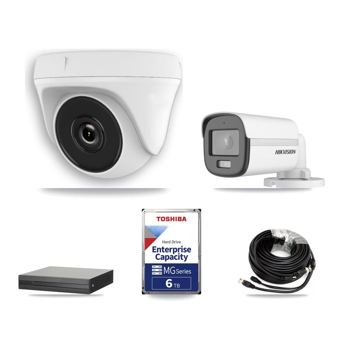 Hikvision 8-Channel 2MP – 5MP CCTV Kit — 1 DS-2CE12KF0T 5MP Bullet + 7 White HDT-2MP-N20W 2MP Dome Cameras + 6TB Recording (XVR-3108HS Recorder) - Image 1
