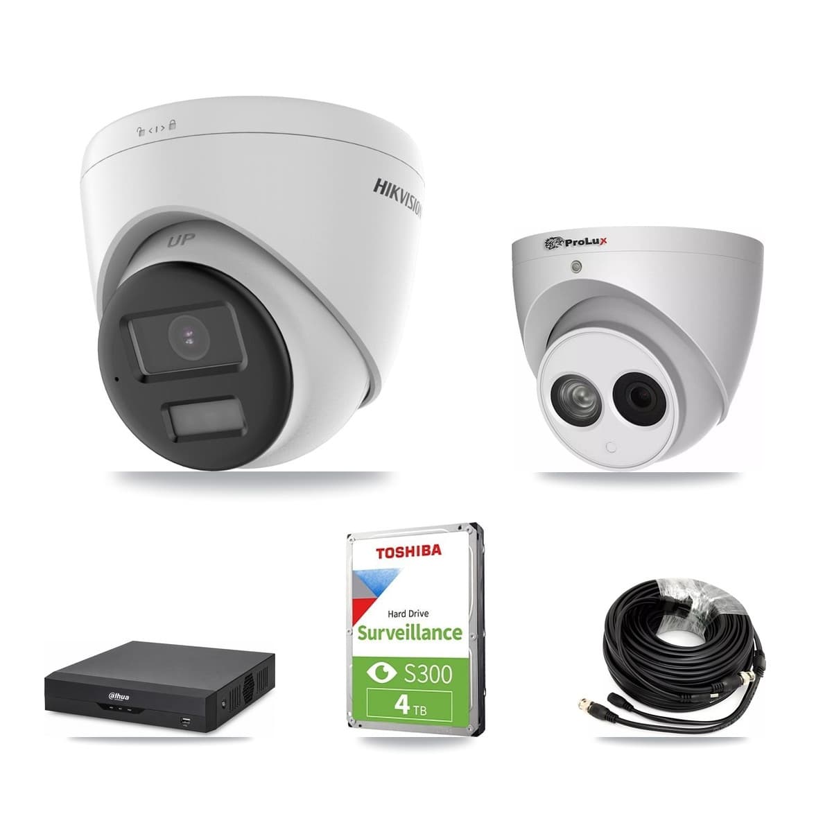 4-Channel 4MP – 4K CCTV Kit — 1 DS-2CE78U0T 4K + 1 PXC-612C4W-A 4MP Turret Cameras + 4TB Recording (DH-XVR5104HS Recorder)