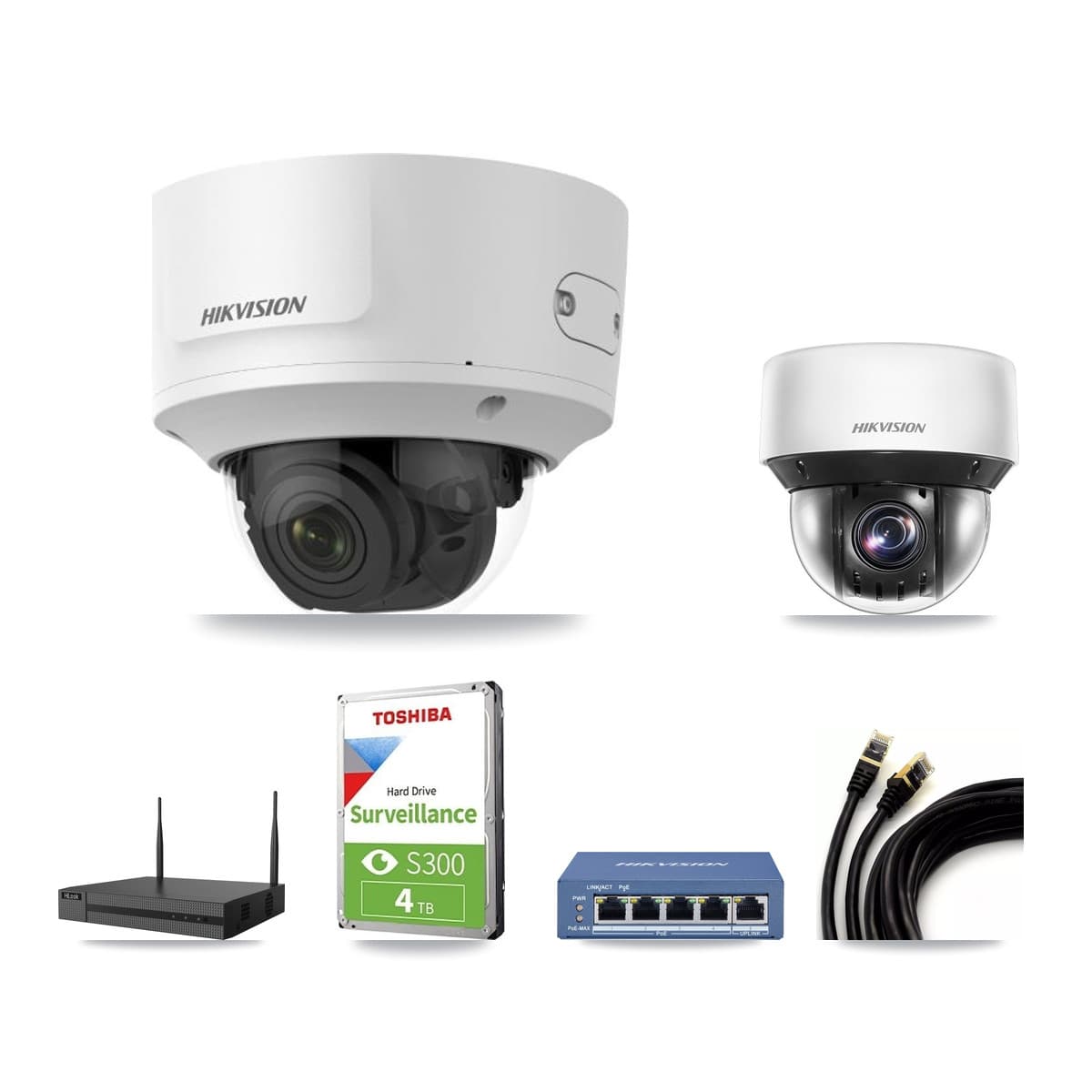 Hikvision & HiLook 4-Channel 2MP – 4MP CCTV Kit — 1 DS-2CD2723G0 2MP Dome + 1 DS-2DE4A425IW 4MP PTZ Cameras + 4TB Recording - Image 1
