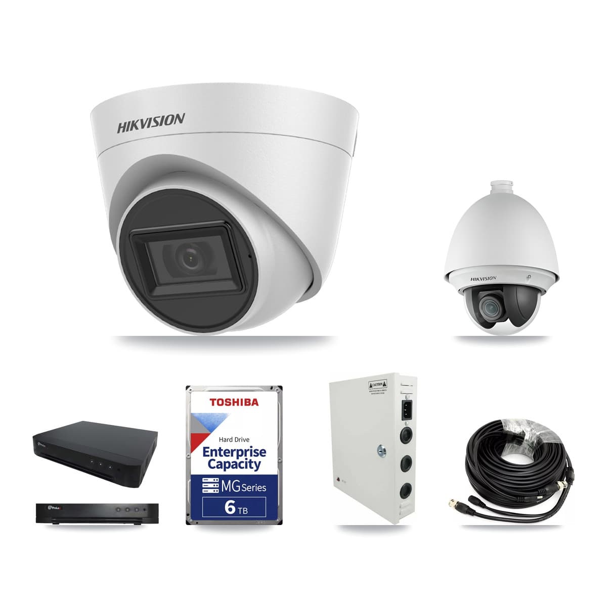 Hikvision & Prolux 16-Channel 2MP – 5MP CCTV Kit — 1 2MP PTZ + 4 White 5MP Turret Cameras + 6TB Recording
