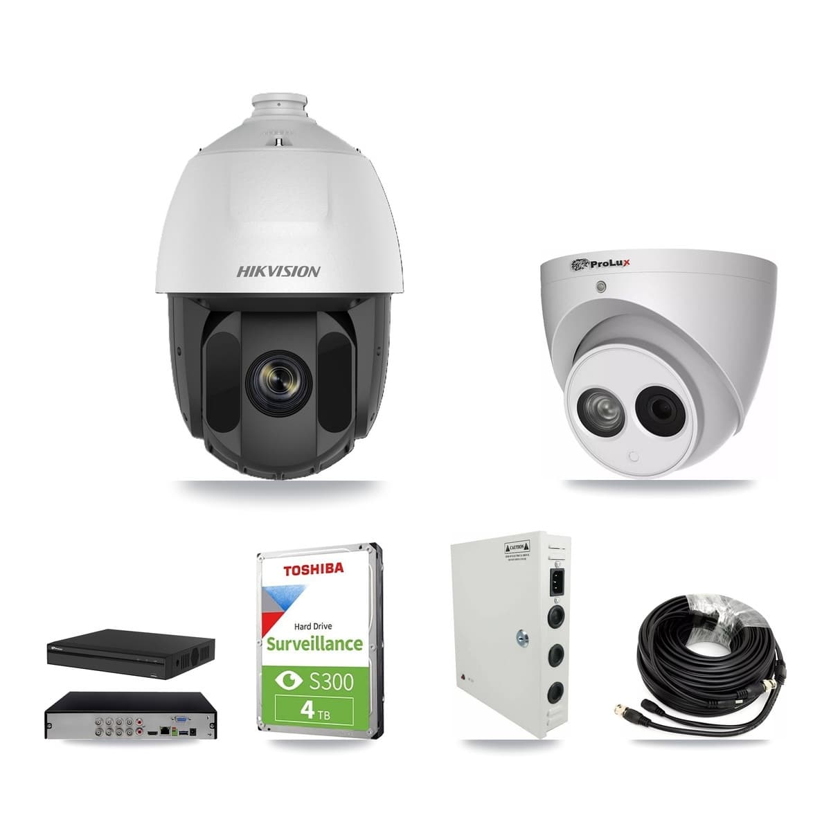 Hikvision & Prolux 8-Channel 2MP – 4MP CCTV Kit — 4 DS-2AE5225TI 2MP PTZ + 1 PXC-612C4W-A 4MP Turret Cameras + 4TB Recording (PXD-5108HS Recorder) - Image 1