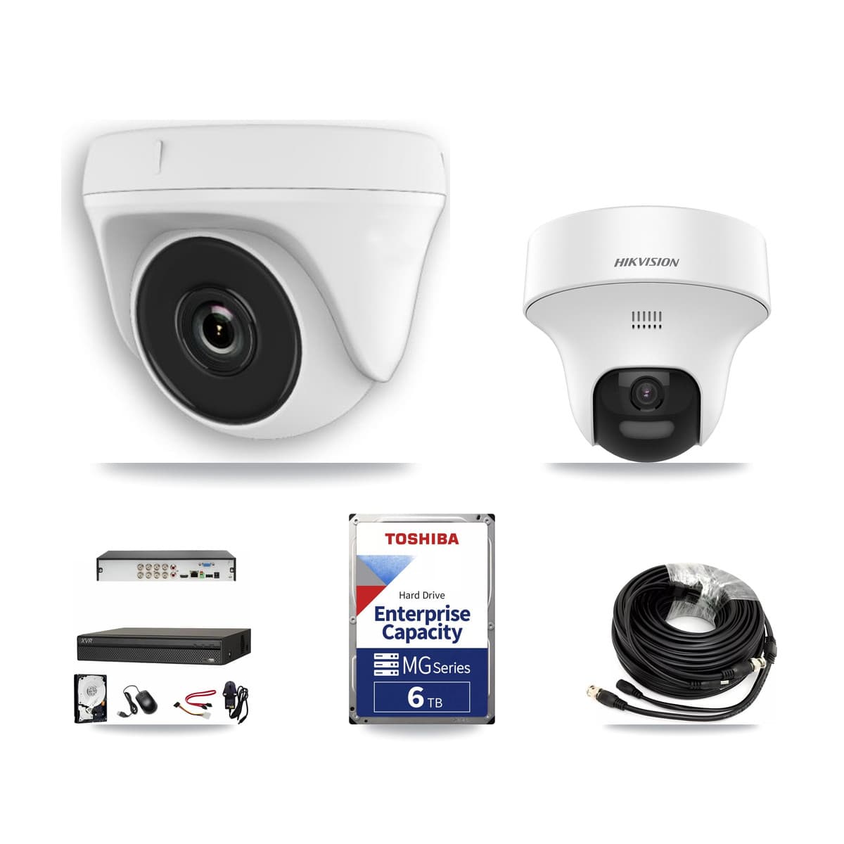 Hikvision & Dahua 8-Channel 2MP – 5MP CCTV Kit — 1 DS-2CE70K0T 5MP Turret + 7 White HDT-2MP-N20W 2MP Dome Cameras + 6TB Recording