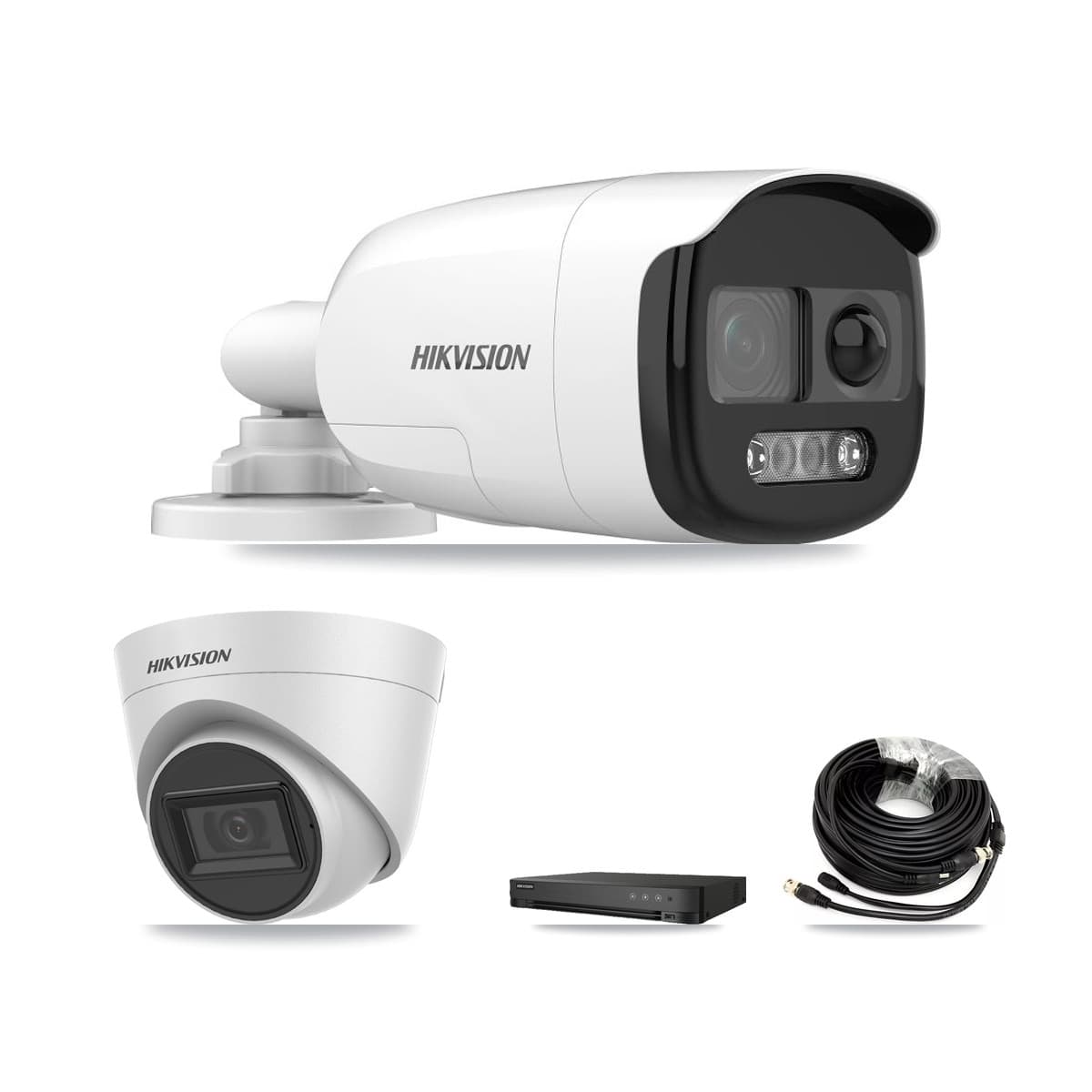 Hikvision 8-Channel 5MP CCTV Kit — 3 DS-2CE12KF3T-PIRXO Bullet + 3 White DS-2CE78H0T-IT3FS Turret Cameras + 8TB Recording (IDS-7208HUHI-M1/E Recorder) - Image 1