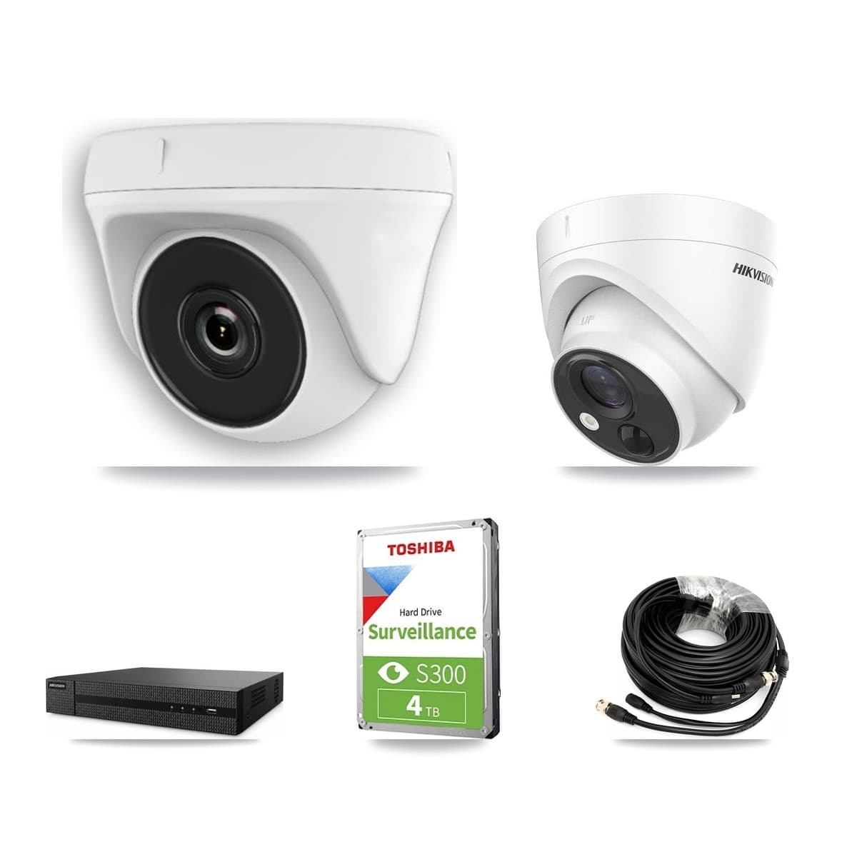 Hikvision 8-Channel 2MP – 5MP CCTV Kit — 1 DS-2CE71H0T 5MP Turret + 4 White HDT-2MP-N20W 2MP Dome Cameras + 4TB Recording (DVR-8CH Recorder) - Image 1
