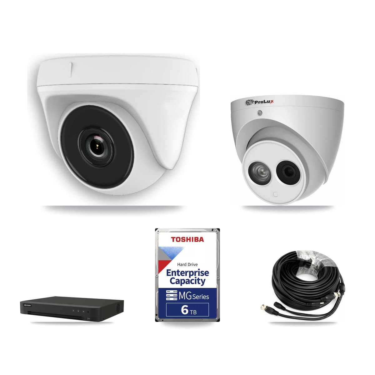 Prolux & Hikvision 8-Channel 2MP – 4MP CCTV Kit — 7 White HDT-2MP-N20W-2.8MM 2MP Dome + 1 PXC-612C4W-A-POC 4MP Turret Cameras + 6TB Recording (IDS-7208HUHI-M1/XT Recorder) - Image 1