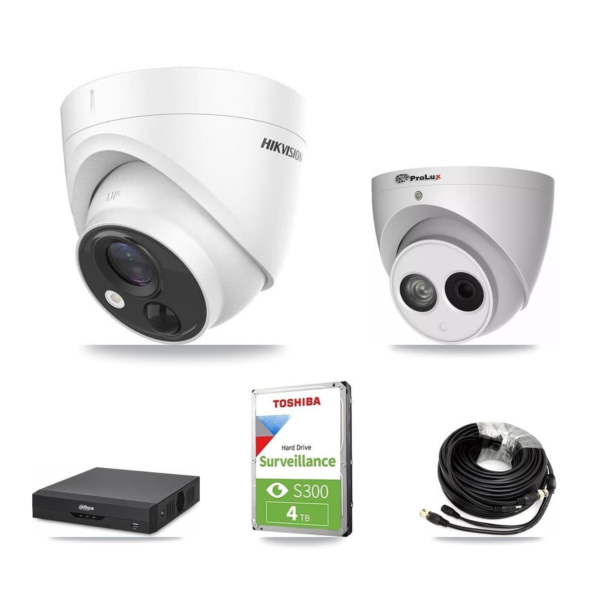 4-Channel 4MP – 5MP CCTV Kit — 1 DS-2CE71H0T 5MP + 1 PXC-612C4W-A 4MP Turret Cameras + 4TB Recording (DH-XVR5104HS Recorder) - Image 1