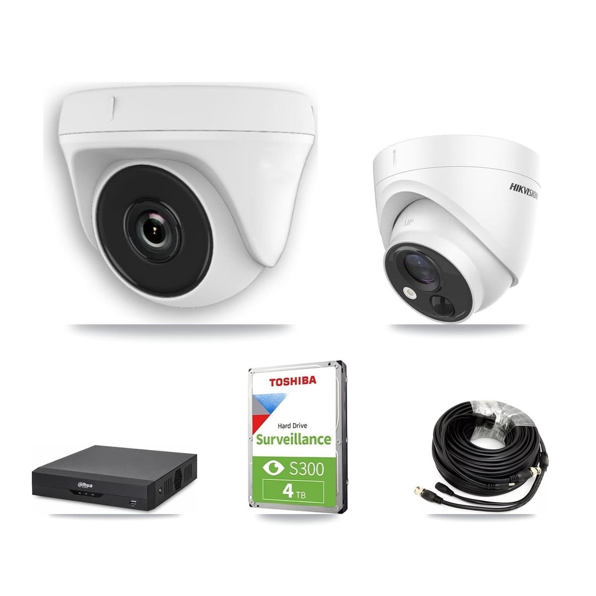 Hikvision & Dahua 4-Channel 2MP – 5MP CCTV Kit — 1 DS-2CE71H0T 5MP Turret + 3 White HDT-2MP-N20W 2MP Dome Cameras + 4TB Recording - Image 1