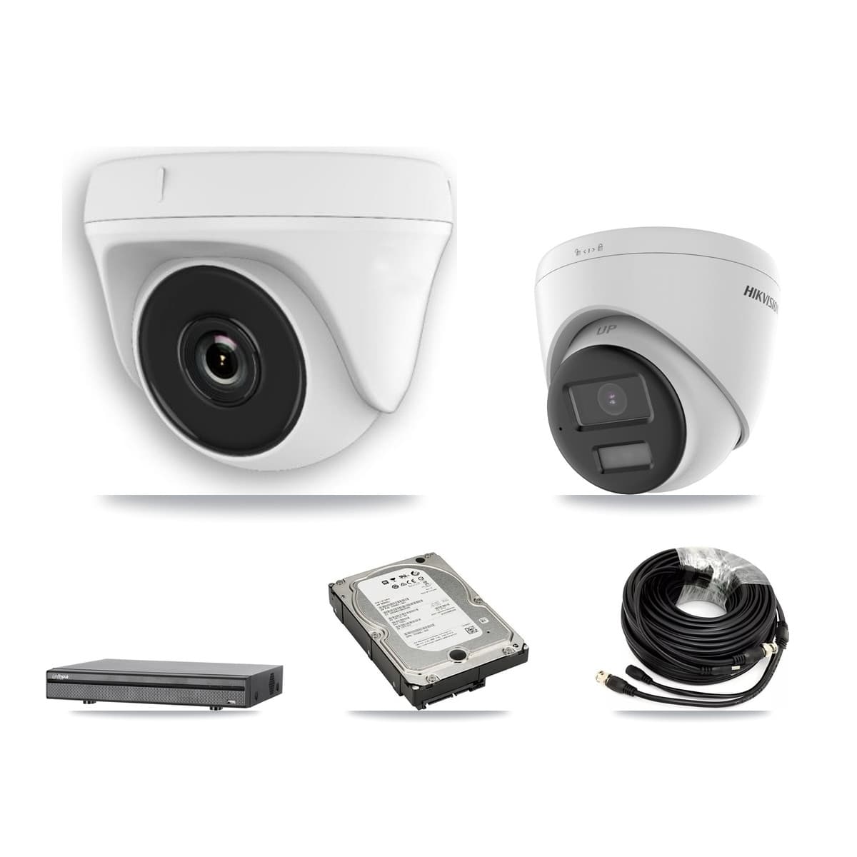 Hikvision & Dahua 8-Channel 2MP – 4K CCTV Kit — 1 DS-2CE78U0T 4K Turret + 3 White HDT-2MP-N20W 2MP Dome Cameras + 5TB Recording (DH-XVR5108H Recorder) - Image 1
