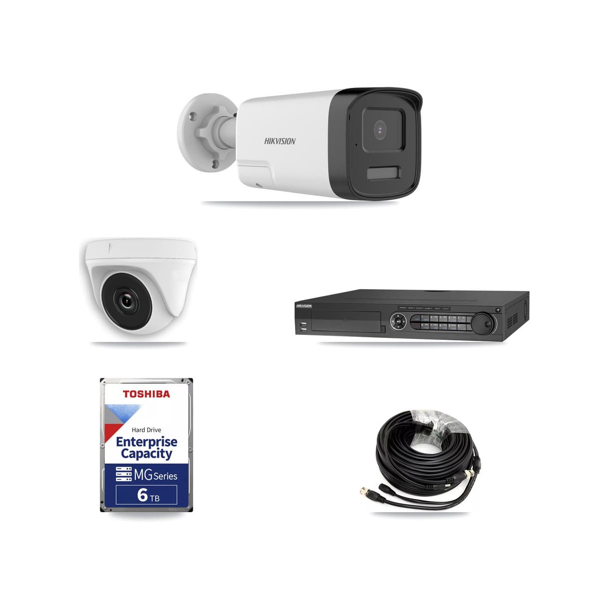 Hikvision 32-Channel 2MP – 5MP CCTV Kit — 4 DS-2CE17K0T 5MP Bullet + 1 White HDT-2MP-N20W 2MP Dome Cameras + 6TB Recording (DS-7332HQHI Recorder) - Image 1