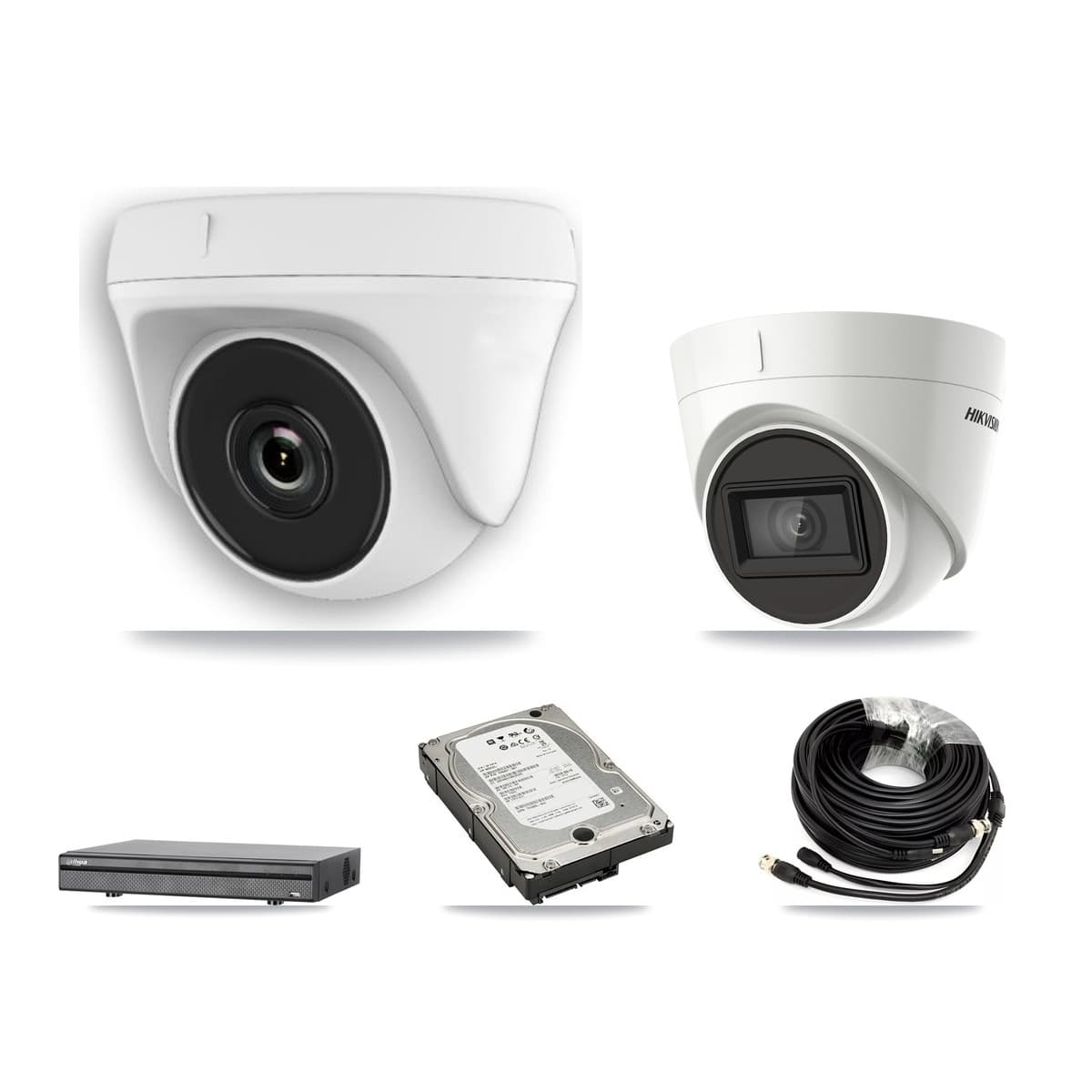 Hikvision & Dahua 8-Channel 2MP – 4K CCTV Kit — 1 DS-2CE78U1T 4K Turret + 3 White HDT-2MP-N20W 2MP Dome Cameras + 5TB Recording (DH-XVR5108H Recorder)