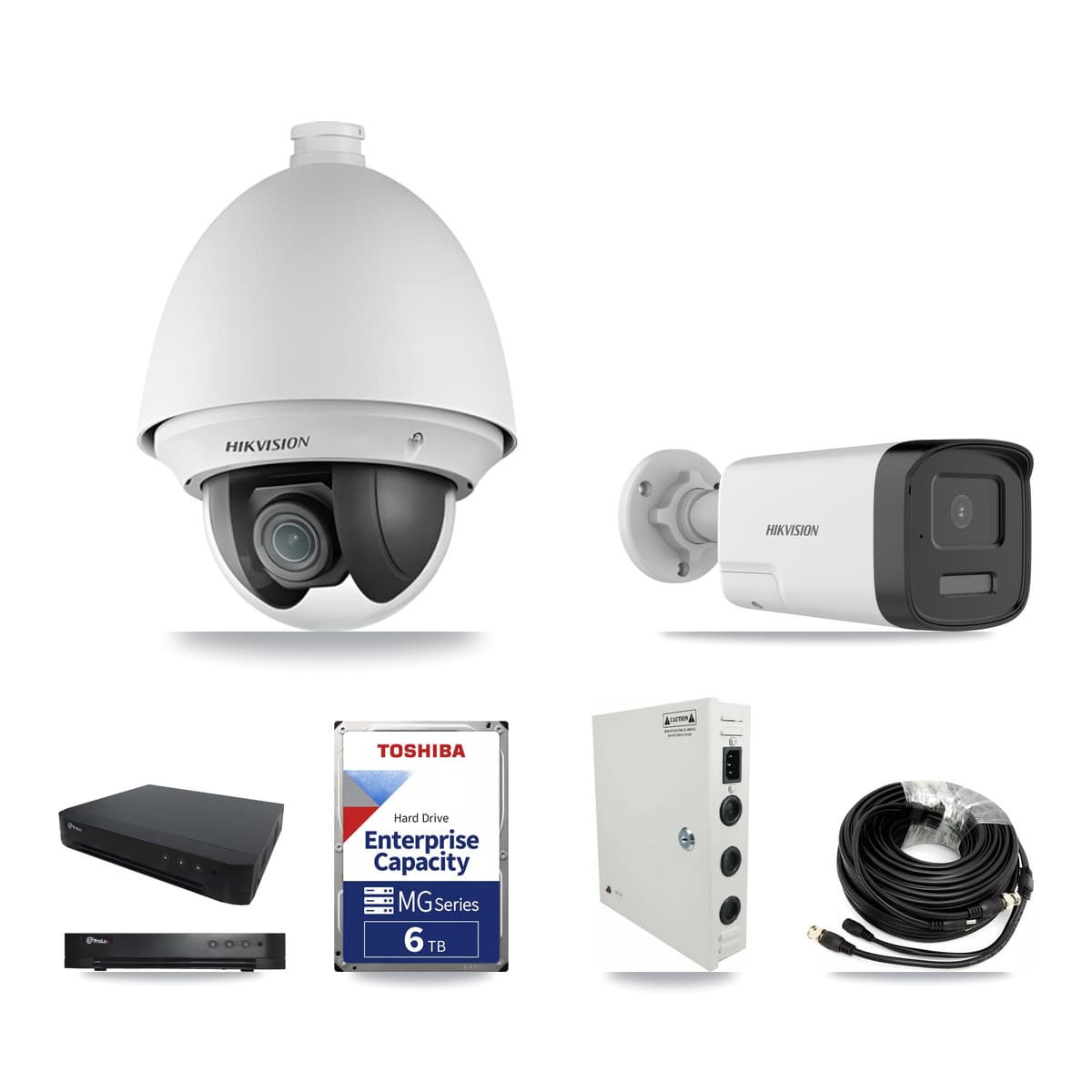 Hikvision & Prolux 16-Channel 2MP – 5MP CCTV Kit — 3 DS-2AE4225T 2MP PTZ + 3 DS-2CE17K0T 5MP Bullet Cameras + 6TB Recording - Image 1