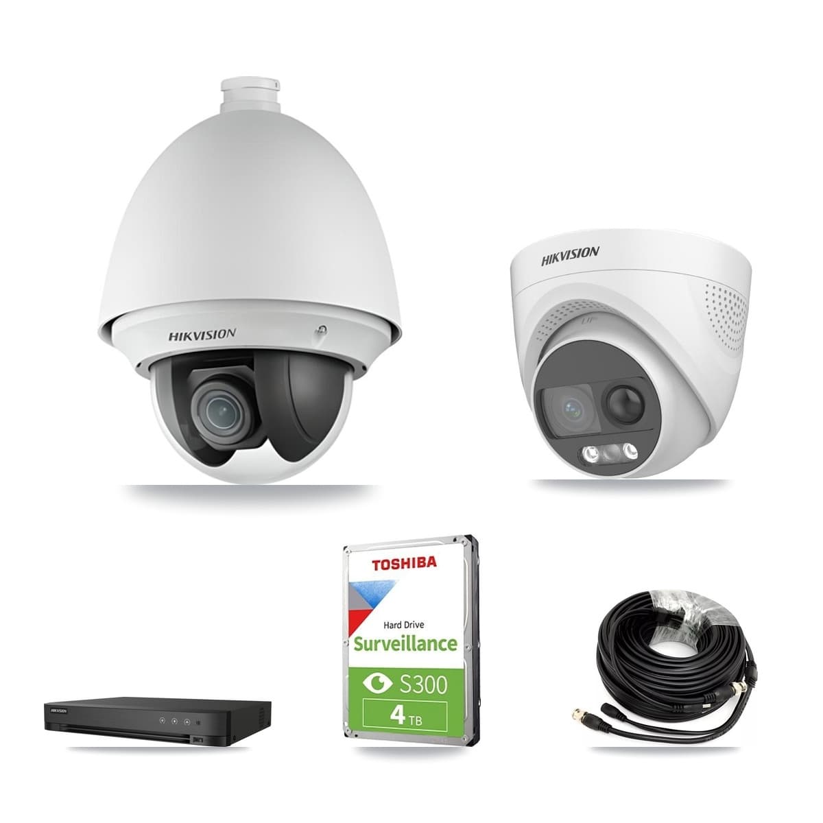 Hikvision 4-Channel 2MP – 5MP CCTV Kit — 1 DS-2AE4225T 2MP PTZ + 1 DS-2CE72KF3T 5MP Turret Cameras + 4TB Recording (IDS-7204HQHI Recorder)