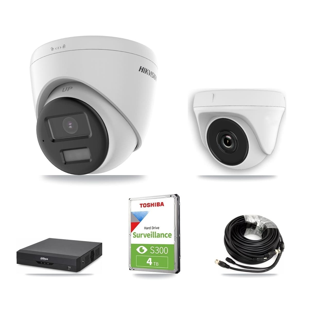 Hikvision & Dahua 4-Channel 2MP – 4K CCTV Kit — 3 DS-2CE78U0T 4K Turret + 1 White HDT-2MP-N20W 2MP Dome Cameras + 4TB Recording - Image 1