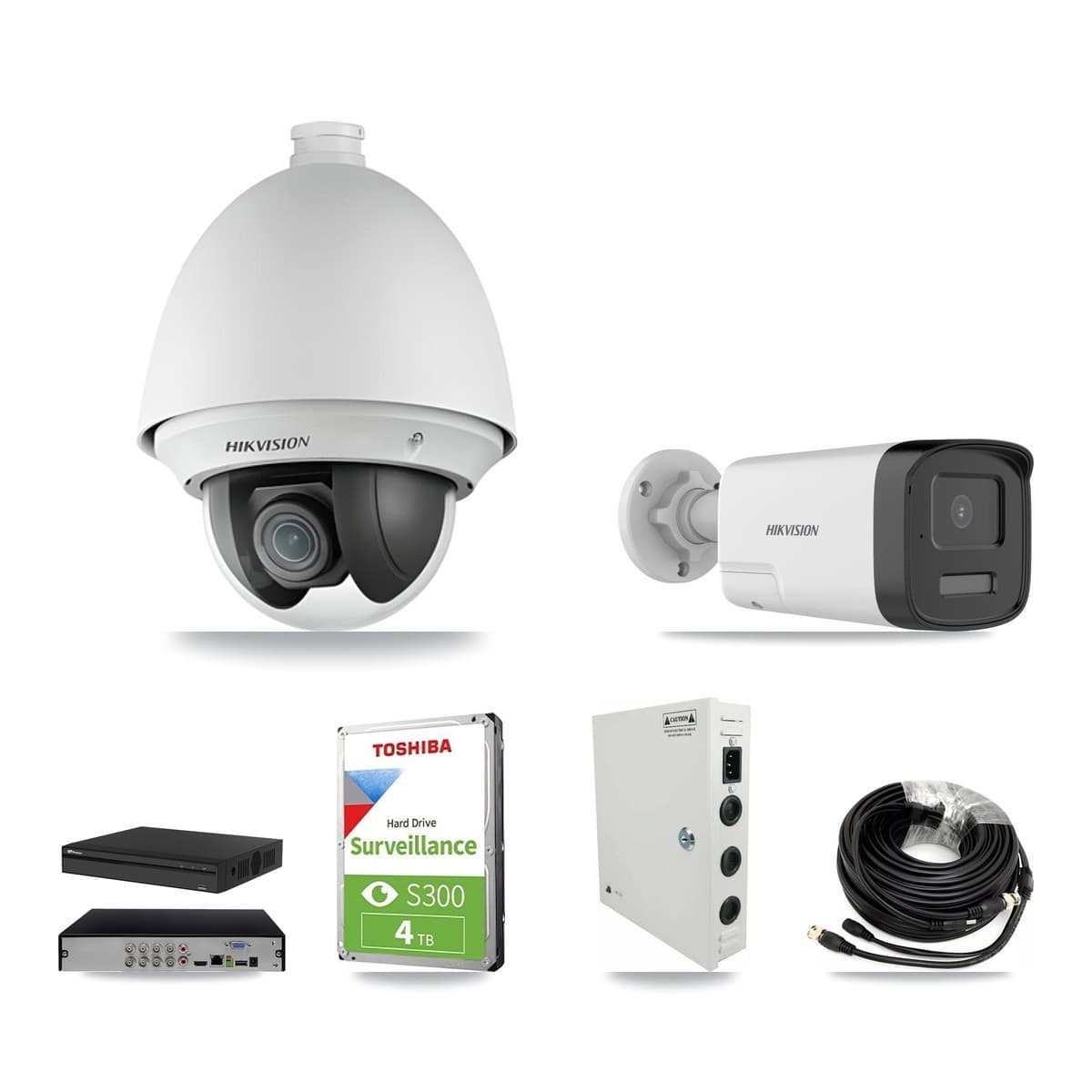 Hikvision & Prolux 8-Channel 2MP – 5MP CCTV Kit — 4 DS-2AE4225T 2MP PTZ + 1 DS-2CE17K0T 5MP Bullet Cameras + 4TB Recording - Image 1