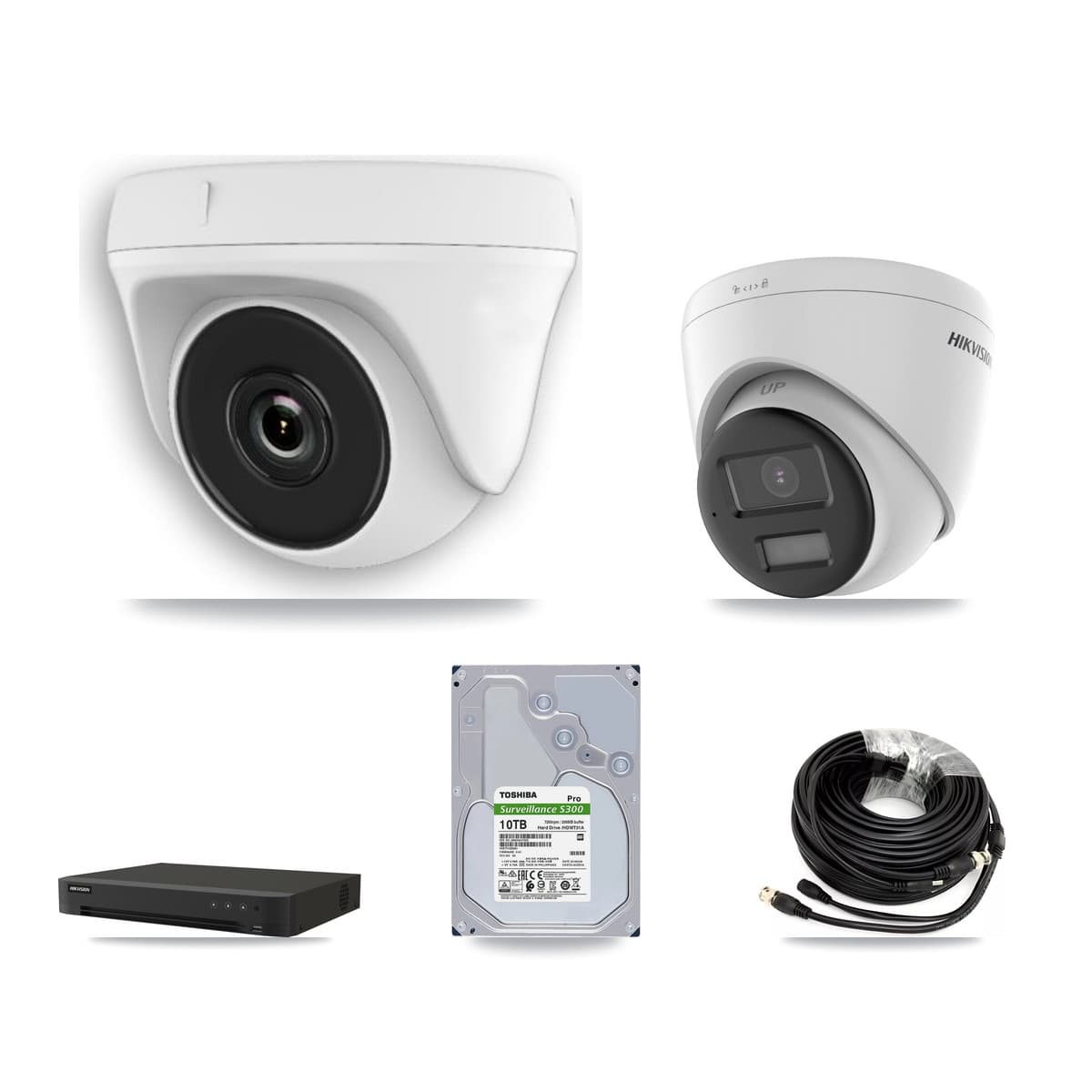 Hikvision 8-Channel 2MP – 4K CCTV Kit — 2 DS-2CE78U0T-LPTS 4K Turret + 6 White HDT-2MP-N20W-2.8MM 2MP Dome Cameras + 10TB Recording (IDS-7208HUHI-M1/XT Recorder) - Image 1