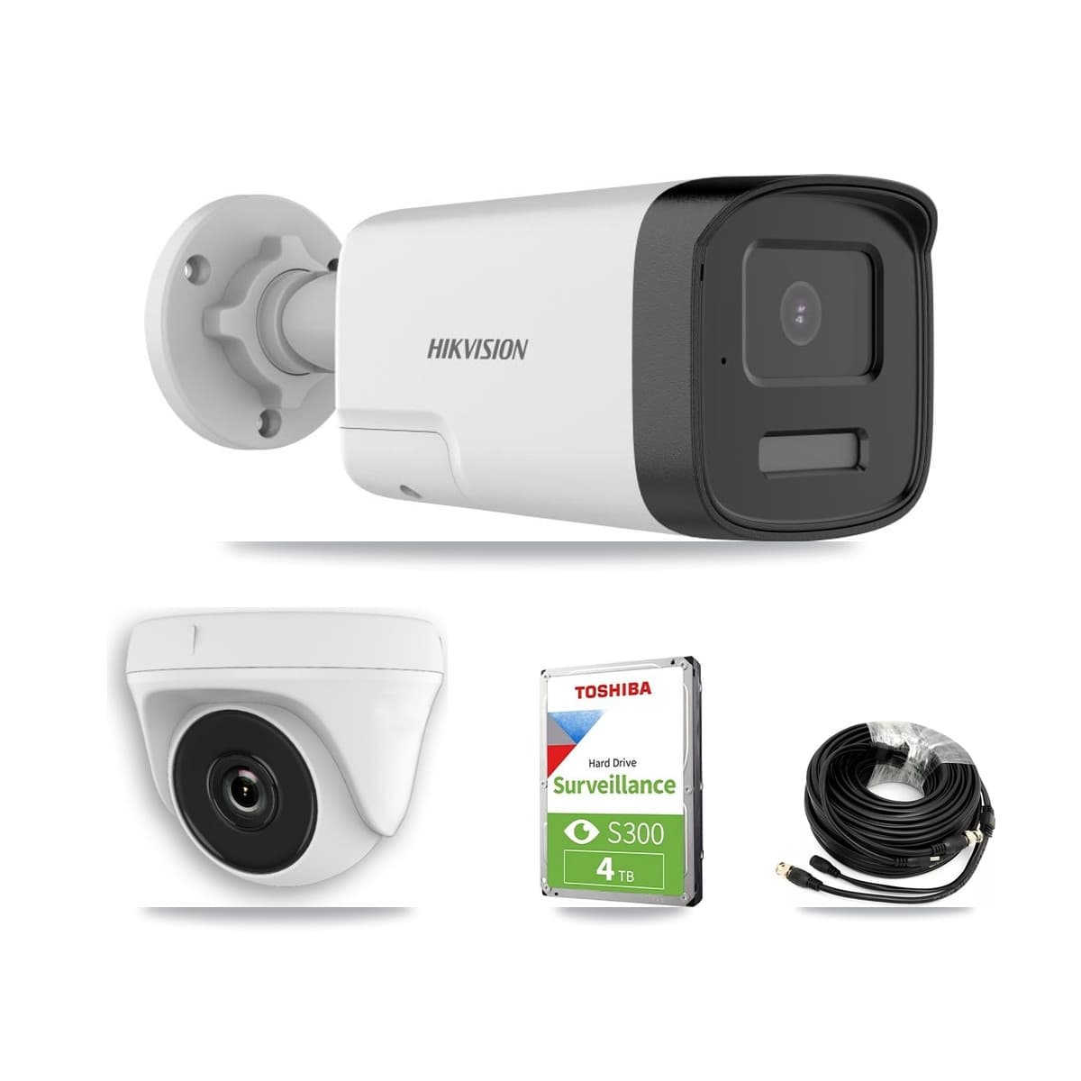 Hikvision 8-Channel 2MP – 5MP CCTV Kit — 2 DS-2CE17K0T 5MP Bullet + 2 White HDT-2MP-N20W 2MP Dome Cameras + 4TB Recording (IDS-7208HQHI Recorder) - Image 1
