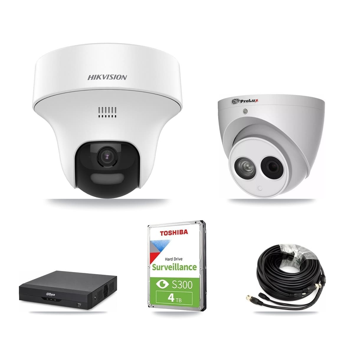 4-Channel 4MP – 5MP CCTV Kit — 2 DS-2CE70K0T 5MP + 1 PXC-612C4W-A 4MP Turret Cameras + 4TB Recording (DH-XVR5104HS Recorder) - Image 1