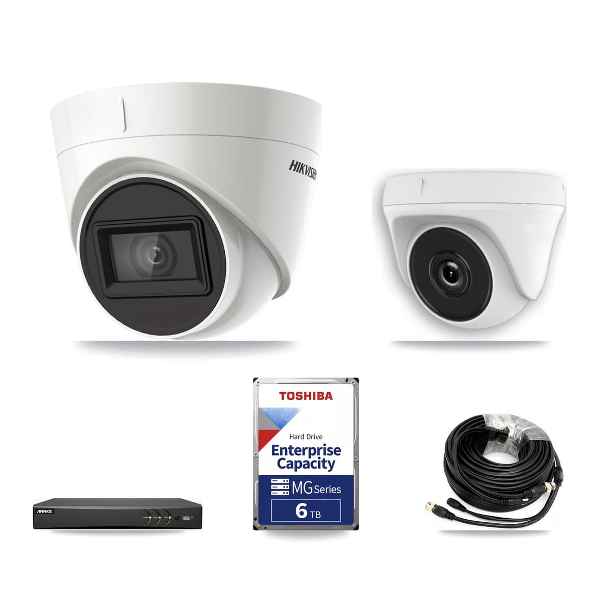 Hikvision & ANNKE 4-Channel 2MP – 4K CCTV Kit — 2 DS-2CE78U1T 4K Turret + 1 White HDT-2MP-N20W 2MP Dome Cameras + 6TB Recording