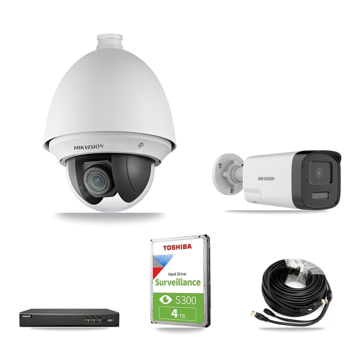 Hikvision & ANNKE 4-Channel 2MP – 5MP CCTV Kit — 1 DS-2AE4225T 2MP PTZ + 1 DS-2CE17K0T 5MP Bullet Cameras + 4TB Recording - Image 1