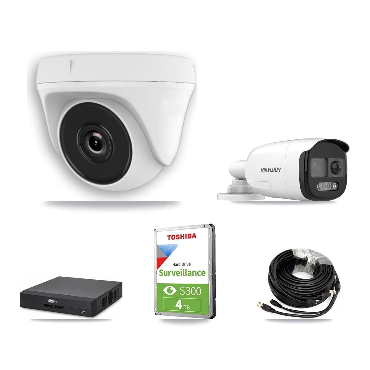 Hikvision & Dahua 4-Channel 2MP – 5MP CCTV Kit — 1 DS-2CE12KF3T 5MP Bullet + 3 White HDT-2MP-N20W 2MP Dome Cameras + 4TB Recording - Image 1