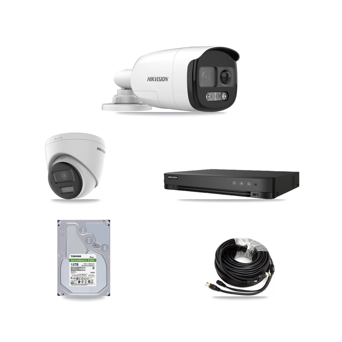 Hikvision 8-Channel 5MP CCTV Kit — 7 DS-2CE12KF3T-PIRXO Bullet + 1 DS-2CE78K0T-LPTS Turret Cameras + 10TB Recording (IDS-7208HQHI-M1/XT Recorder)