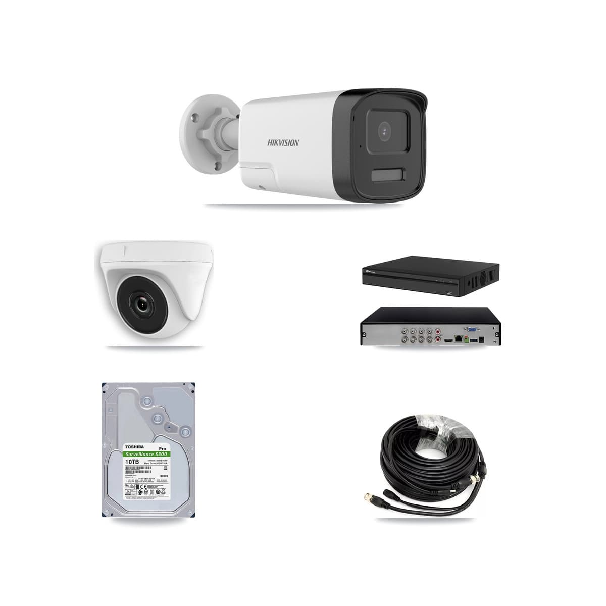 Hikvision & Prolux 8-Channel 2MP – 5MP CCTV Kit — 7 DS-2CE17K0T 5MP Bullet + 1 White HDT-2MP-N20W 2MP Dome Cameras + 10TB Recording - Image 1