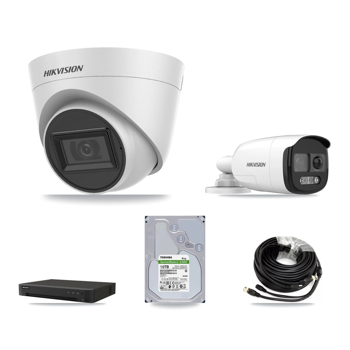 Hikvision 8-Channel 5MP CCTV Kit — 1 DS-2CE12KF3T-PIRXO Bullet + 7 White DS-2CE78H0T-IT3FS Turret Cameras + 10TB Recording (IDS-7208HUHI-M1/XT Recorder) - Image 1