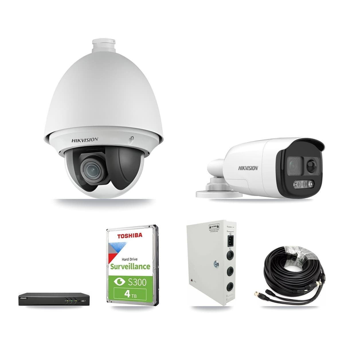 Hikvision & ANNKE 4-Channel 2MP – 5MP CCTV Kit — 2 DS-2AE4225T 2MP PTZ + 2 DS-2CE12KF3T 5MP Bullet Cameras + 4TB Recording - Image 1