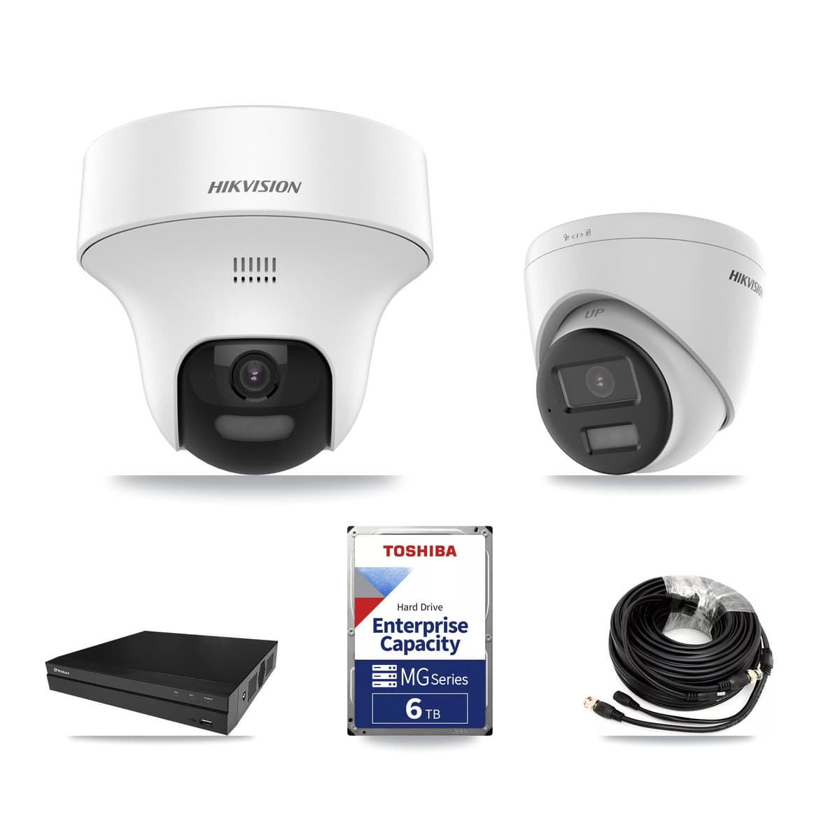 Hikvision & Prolux 8-Channel 5MP CCTV Kit — 2 DS-2CE70K0T-PTLTS + 2 DS-2CE78K0T-LPTS Turret Cameras + 2× 6TB Recording (PXD-5208AN-4KL-X-8P Recorder)