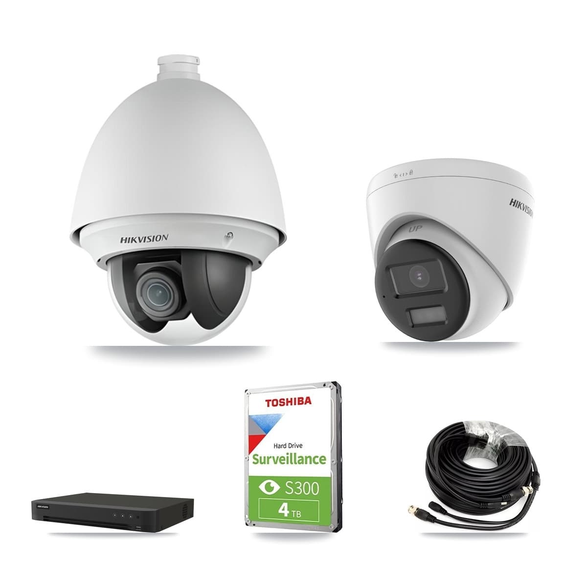 Hikvision 8-Channel 2MP – 4K CCTV Kit — 1 DS-2AE4225T-A 2MP PTZ + 1 DS-2CE78U0T-LPTS 4K Turret Cameras + 4TB Recording (IDS-7208HUHI-M1/XT Recorder) - Image 1