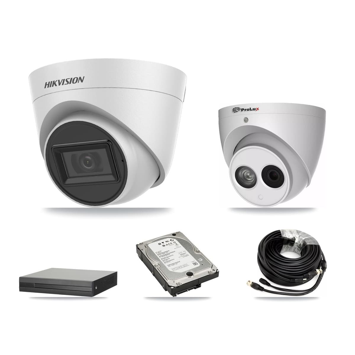Hikvision & Prolux 4-Channel 4MP – 5MP CCTV Kit — 3 White 5MP + 1 4MP Turret Cameras + 5TB Recording (XVR-3104HS Recorder)