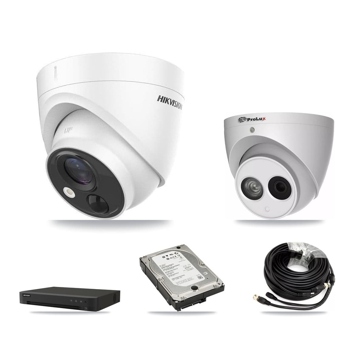 Hikvision & Prolux 8-Channel 4MP – 5MP CCTV Kit — 3 DS-2CE71H0T-PIRLO 5MP + 1 PXC-612C4W-A-POC 4MP Turret Cameras + 5TB Recording (IDS-7208HUHI-M1/XT Recorder) - Image 1