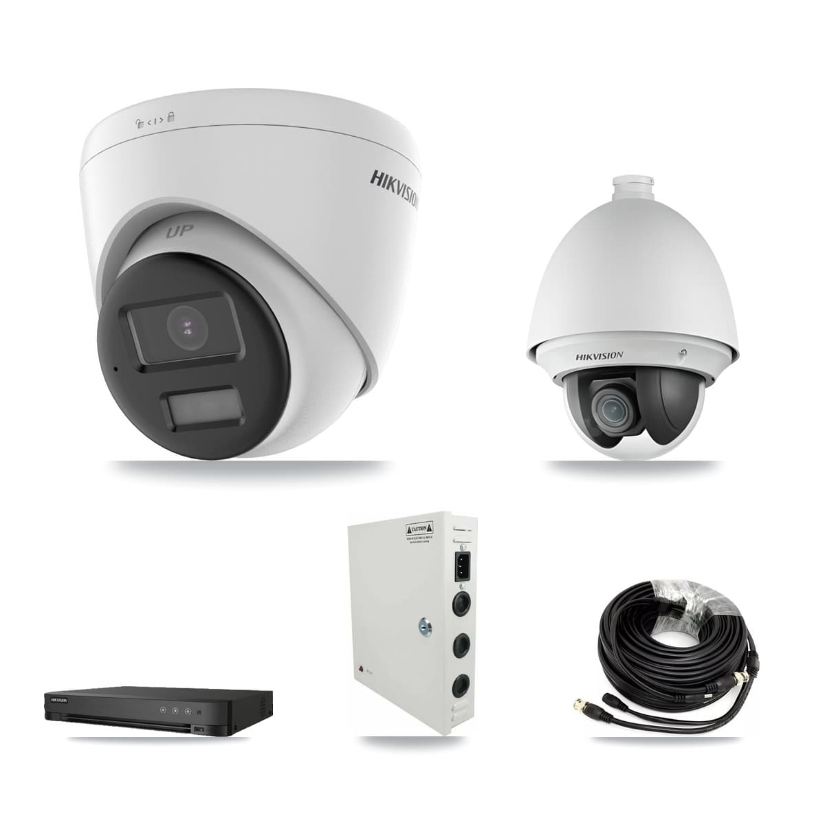 Hikvision 8-Channel 2MP – 5MP CCTV Kit — 1 DS-2AE4225T-A 2MP PTZ + 5 DS-2CE78K0T-LPTS 5MP Turret Cameras + 8TB Recording (IDS-7208HQHI-M1/XT Recorder)