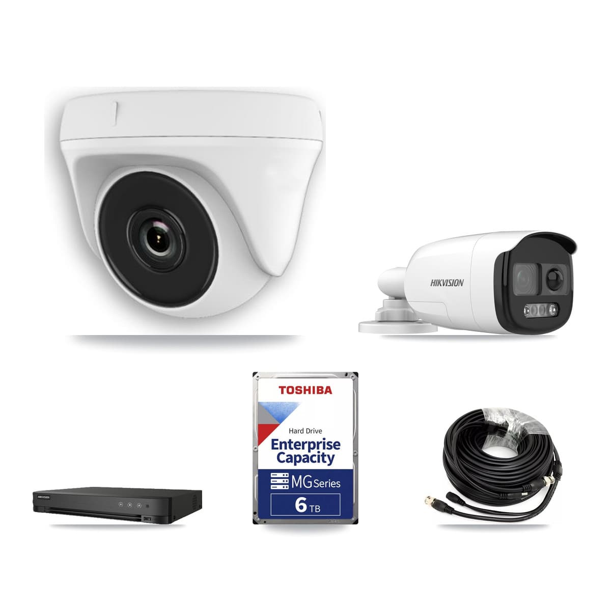 Hikvision 8-Channel 2MP – 5MP CCTV Kit — 2 DS-2CE12KF3T-PIRXO 5MP Bullet + 5 White HDT-2MP-N20W-2.8MM 2MP Dome Cameras + 6TB Recording (IDS-7208HUHI-M1/E Recorder) - Image 1