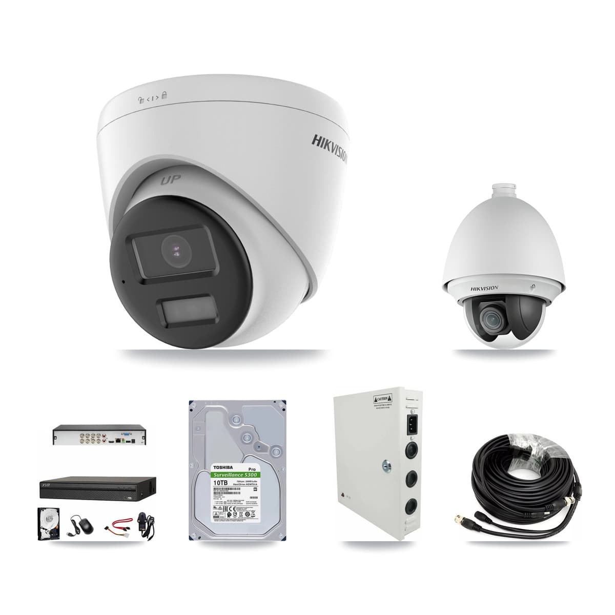 Hikvision & Dahua 8-Channel 2MP – 4K CCTV Kit — 1 DS-2AE4225T 2MP PTZ + 4 DS-2CE78U0T 4K Turret Cameras + 10TB Recording