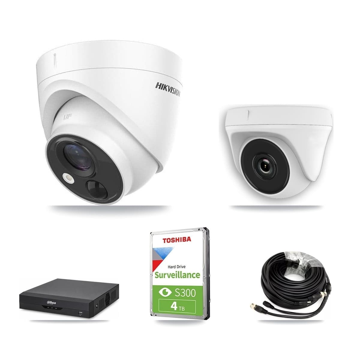 Hikvision & Dahua 4-Channel 2MP – 5MP CCTV Kit — 1 DS-2CE71H0T 5MP Turret + 1 White HDT-2MP-N20W 2MP Dome Cameras + 4TB Recording - Image 1