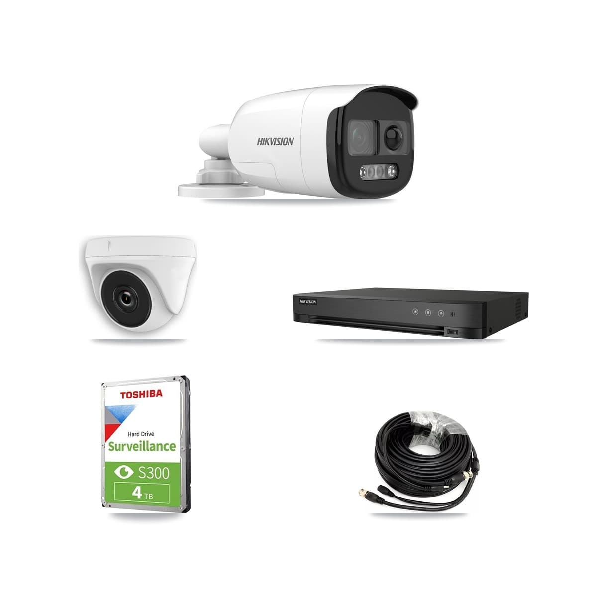 Hikvision 4-Channel 2MP – 5MP CCTV Kit — 2 DS-2CE12KF3T 5MP Bullet + 2 White HDT-2MP-N20W 2MP Dome Cameras + 4TB Recording (DS-7204HUHI Recorder) - Image 1
