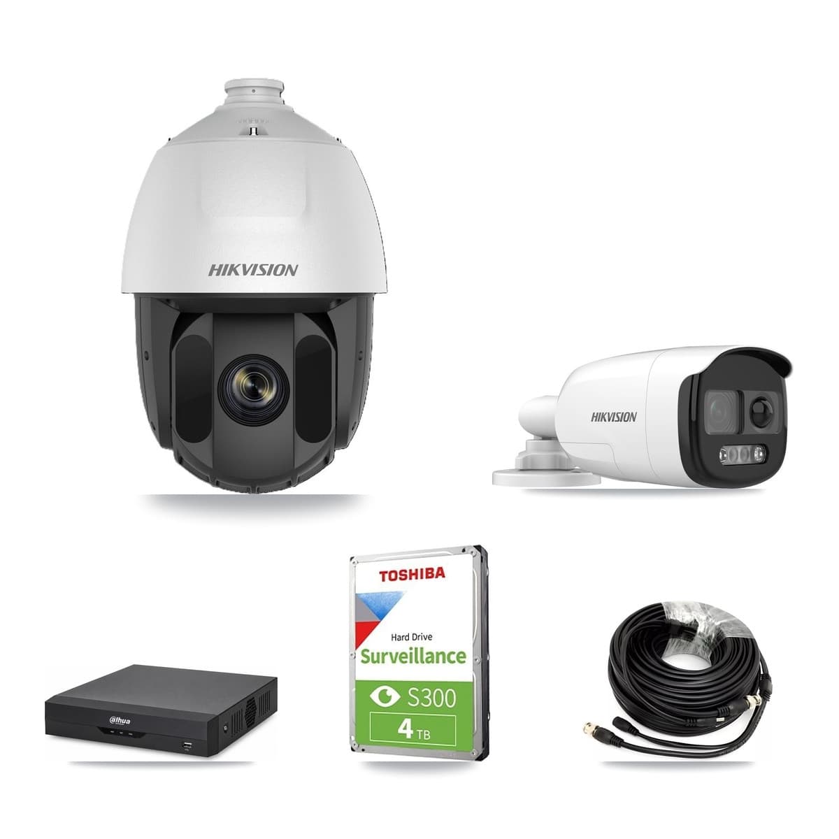Hikvision & Dahua 4-Channel 2MP – 5MP CCTV Kit — 1 DS-2AE5225TI 2MP PTZ + 1 DS-2CE12KF3T 5MP Bullet Cameras + 4TB Recording - Image 1