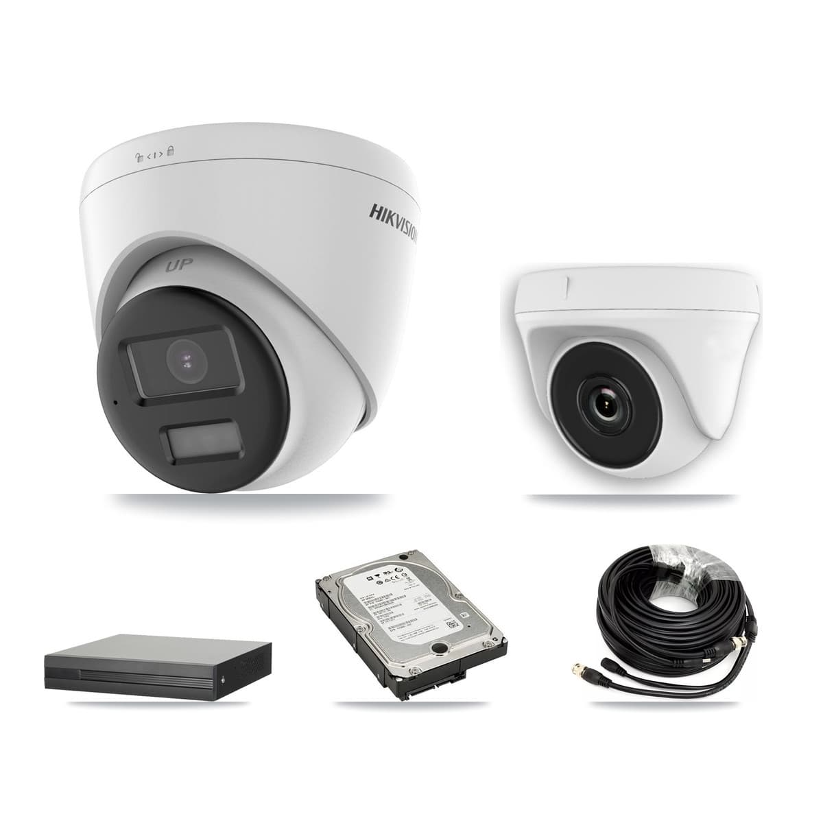 Hikvision 4-Channel 2MP – 5MP CCTV Kit — 3 DS-2CE78K0T-LPTS 5MP Turret + 1 White HDT-2MP-N20W-2.8MM 2MP Dome Cameras + 5TB Recording (XVR-3104HS-5MP-LITE Recorder)