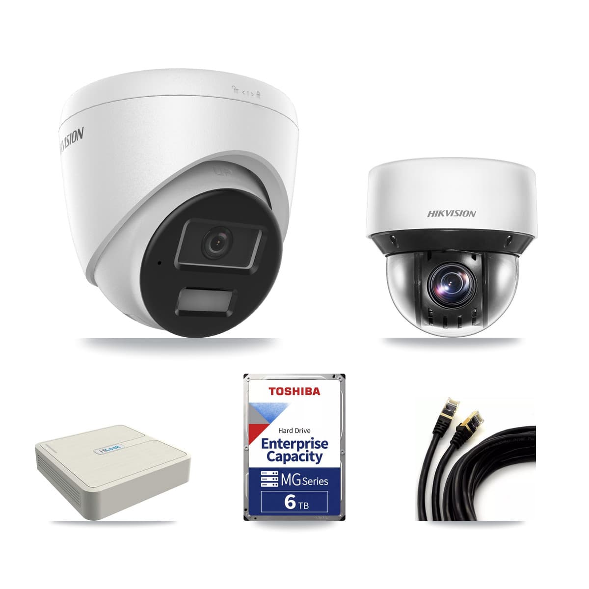Hikvision & HiLook 8-Channel 4MP CCTV Kit — 6 DS-2CD1343G2 Turret + 1 DS-2DE4A425IW PTZ Cameras + 6TB Recording - Image 1