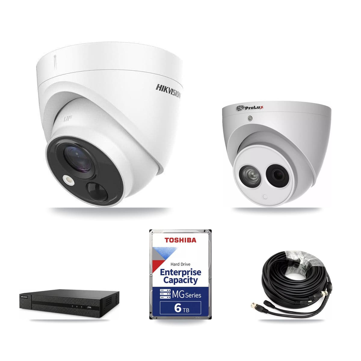 Hikvision & Prolux 8-Channel 4MP – 5MP CCTV Kit — 4 DS-2CE71H0T 5MP + 1 PXC-612C4W-A 4MP Turret Cameras + 6TB Recording (DVR-8CH Recorder) - Image 1