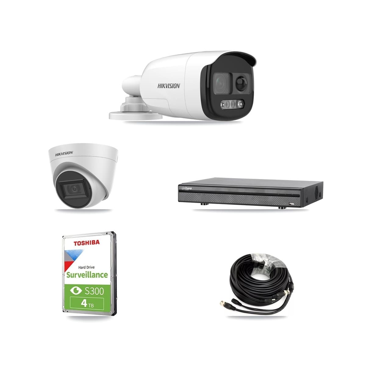 Hikvision & Dahua 8-Channel 5MP CCTV Kit — 2 Bullet + 1 White Turret Cameras + 4TB Recording (DH-XVR5108H Recorder) - Image 1