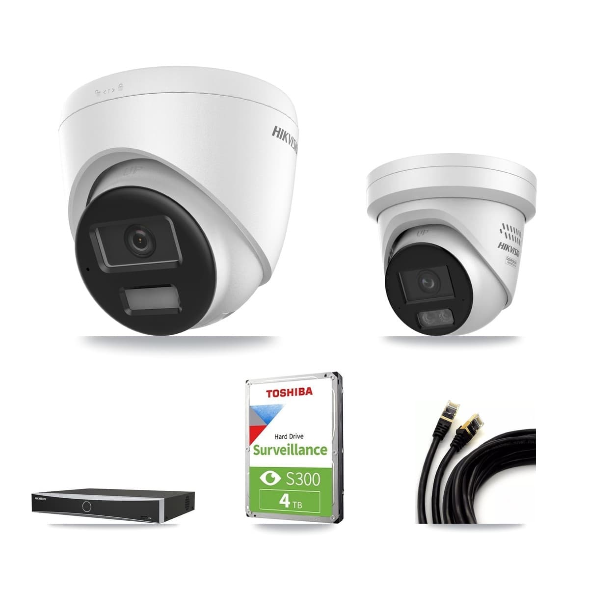 Hikvision 4-Channel 4MP – 4K CCTV Kit — 1 DS-2CD1383G2-LIU 4K + 1 DS-2CD2347G3-LIS2UY/SL 4MP Turret Cameras + 4TB Recording (DS-7604NXI-K1/4P Recorder)
