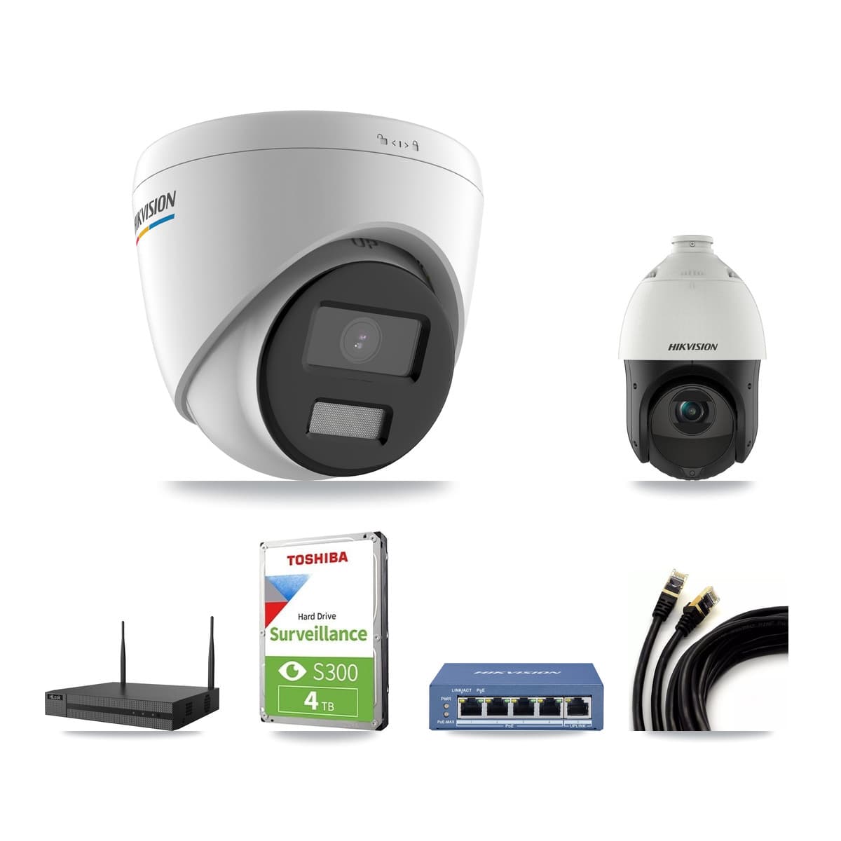 Hikvision & HiLook 4-Channel 2MP – 4MP CCTV Kit — 1 DS-2CD1327G2 2MP Turret + 1 DS-2DE4425IW 4MP PTZ Cameras + 4TB Recording - Image 1